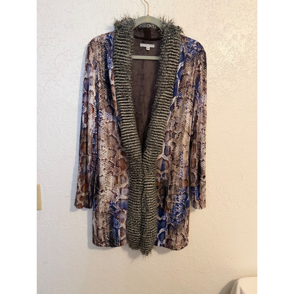 Alberto Makali Snakeskin Print Faux Fur Trim Open Front Cardigan Jacket Blue M